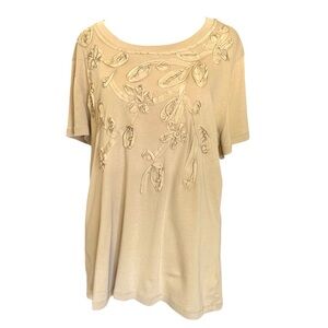 Westbound Women's Floral Embroidered Tan Short Sleeve Lightweight Boho Top XL